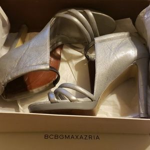 BCBG MaxAzria pewter leather peep toe booties